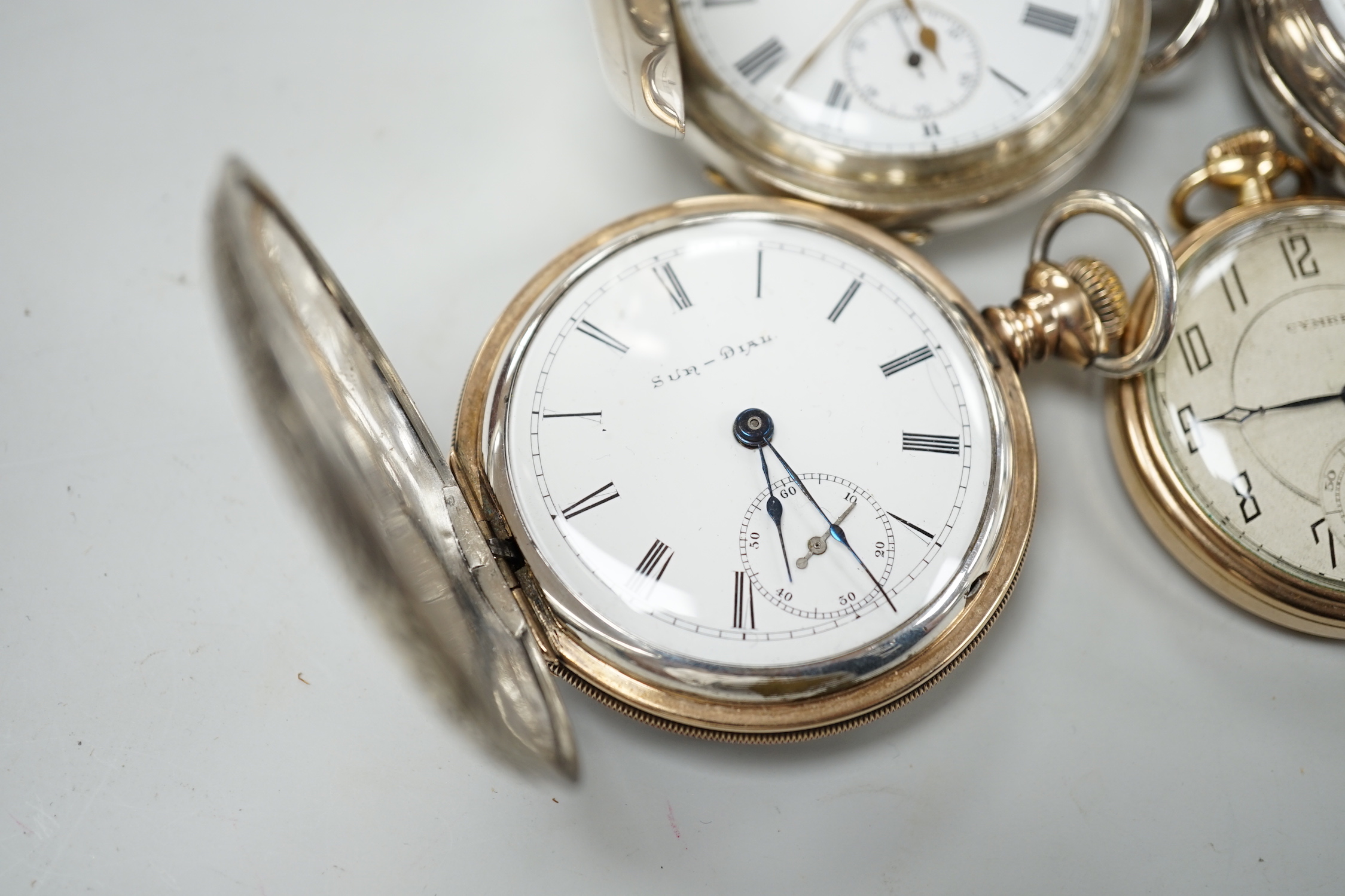 Eleven assorted silver or base metal pocket watches including Cymrex, Sun-Dial with decorated case and silver half hunter.